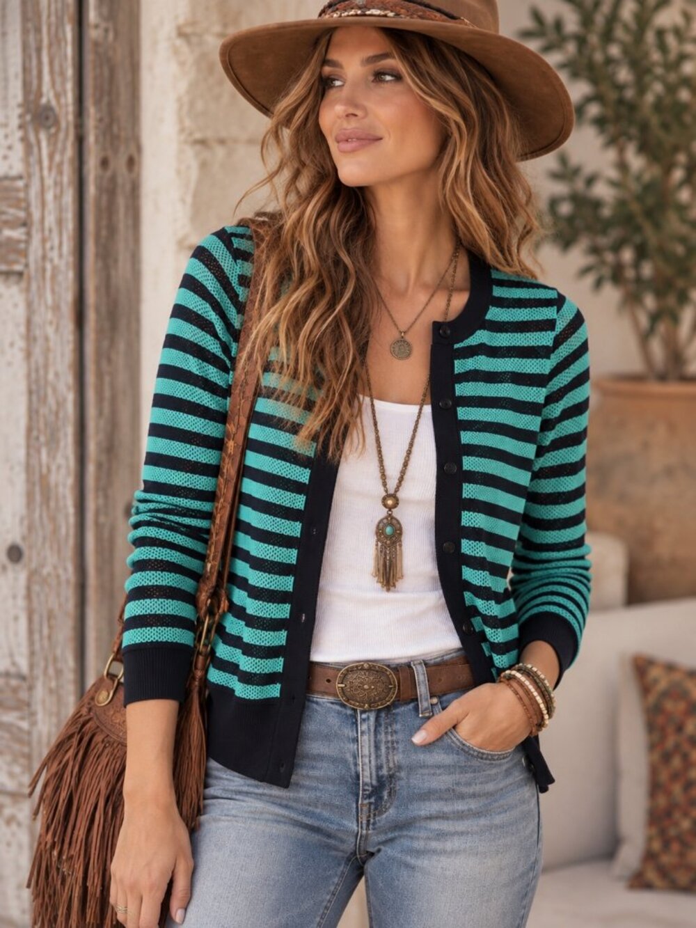 Akris Punto Aqua Navy Stripe Fishnet Mesh Knit Long Sleeve Cardigan US Size 2